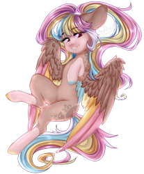 Size: 1111x1343 | Tagged: safe, artist:dusty-onyx, oc, oc only, oc:poprocks, species:pegasus, species:pony, blank flank, colored wings, dappled, female, lightly watermarked, mare, multicolored hair, multicolored wings, pigtails, pink eyes, simple background, smiling, socks (coat marking), solo, transparent background, twintails, watermark, wings