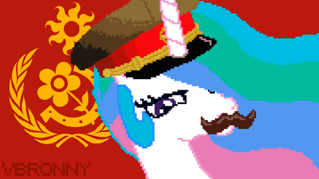 Size: 640x360 | Tagged: safe, artist:vbronny, character:princess celestia, species:alicorn, species:pony, animated, bust, clothing, facial hair, female, gif, hat, horn, mare, moustache, peaked cap, pixel art, portrait, red alert 3, solo, soviet