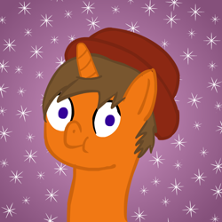 Size: 720x720 | Tagged: safe, artist:vbronny, oc, oc only, species:pony, species:unicorn, abstract background, bust, clothing, hat, horn, looking at you, male, portrait, solo, stallion