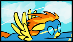 Size: 1524x870 | Tagged: safe, artist:vbronny, character:spitfire, species:pegasus, species:pony, clothing, female, floppy ears, flying, goggles, mare, solo, spread wings, uniform, wings, wonderbolts, wonderbolts uniform