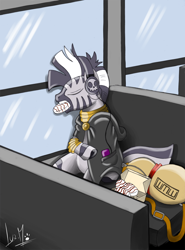 Size: 850x1149 | Tagged: safe, artist:chocolatechilla, character:zecora, species:zebra, g4, cloak, clothing, eyes closed, female, food, gaara, headphones, naruto, neck rings, sitting, solo