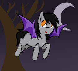 Size: 804x731 | Tagged: safe, artist:vbronny, oc, oc only, species:bat pony, species:pony, bat pony oc, bat wings, flying, hooves, male, moon, night, open mouth, solo, spread wings, stallion, tree, wings