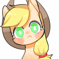 Size: 1600x1600 | Tagged: safe, artist:kura, part of a set, character:applejack, species:earth pony, species:pony, :<, female, head tilt, looking at you, mare, simple background, solo, white background