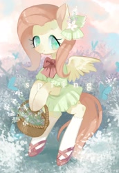 Size: 2031x2952 | Tagged: safe, artist:kura, character:fluttershy, species:pegasus, species:pony, basket, bow tie, clothing, dress, female, flower, flower in hair, hair ornament, hoof hold, looking at you, looking sideways, mare, smiling, socks, solo, spread wings, three quarter view, wings