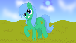 Size: 1920x1080 | Tagged: safe, artist:onil innarin, oc, oc only, oc:kruti napatum, species:earth pony, species:pony, cloud, ear fluff, female, grass, grin, happy, mare, shading, smiling, solo, trotting, vector, wallpaper