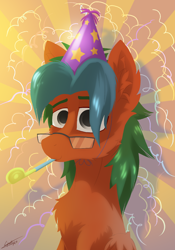 Size: 1400x2000 | Tagged: safe, artist:chebypattern, oc, oc:summer lights, species:pegasus, species:pony, birthday, celebration, clothing, cute, happy, hat, party hat, party horn, present, solo, sunburst background