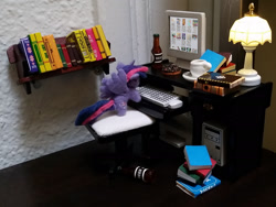 Size: 2000x1503 | Tagged: safe, artist:earthenhoof, artist:tinyequine, character:twilight sparkle, character:twilight sparkle (alicorn), species:alicorn, species:pony, 4chan, alcohol, beer, book, bookshelf, chair, coffee, computer, donut, food, irl, lamp, mini, photo, plushie, solo