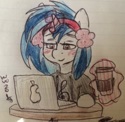Size: 1280x1245 | Tagged: safe, artist:grayflower, character:dj pon-3, character:vinyl scratch, species:pony, species:unicorn, coffee, computer, earmuffs, female, laptop computer, lined paper, solo, traditional art