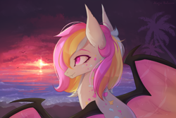 Size: 3000x2000 | Tagged: safe, artist:magicbalance, oc, oc only, species:bat pony, species:pony, bat pony oc, bat wings, cloud, cute, cute little fangs, digital art, fangs, female, high res, horizon, mare, multicolored hair, solo, sunrise, water, wings, ych result
