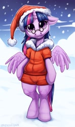 Size: 1600x2700 | Tagged: safe, artist:zazush-una, character:twilight sparkle, character:twilight sparkle (alicorn), species:alicorn, species:pony, christmas, clothing, female, floppy ears, hat, holiday, jacket, looking at you, santa hat, semi-anthro, snow, solo, standing, winter, winter jacket