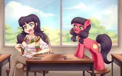 Size: 2400x1500 | Tagged: safe, artist:lucy-tan, oc, oc only, oc:macdolia, species:earth pony, species:human, species:pony, clothing, female, fourth doctor's scarf, humanized, humanized oc, mare, mouth hold, open mouth, pigtails, pocket watch, scarf, screwdriver, smiling