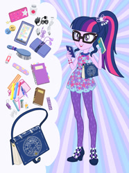 Size: 892x1200 | Tagged: safe, artist:sapphiregamgee, character:twilight sparkle, character:twilight sparkle (scitwi), species:eqg human, g4, my little pony: equestria girls, my little pony:equestria girls, aspirin, book, brush, button, cellphone, charger, clothing, commissioner:shortskirtsandexplosions, fashion, fashion style, female, geode of telekinesis, glasses, magical geodes, nail file, notebook, pantyhose, pencil, pencil case, phone, ponytail, purse, smartphone, solo, toy, wallet