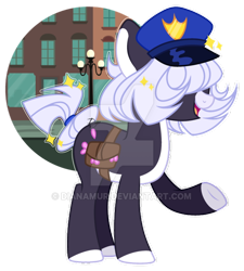 Size: 600x667 | Tagged: safe, artist:dianamur, oc, species:earth pony, species:pony, clothing, deviantart watermark, female, hair over eyes, hat, mare, obtrusive watermark, solo, watermark
