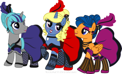 Size: 3682x2232 | Tagged: safe, artist:nstone53, oc, oc only, oc:azure/sapphire, oc:cold front, oc:disty, ponysona, species:pegasus, species:pony, species:unicorn, can-can dress, clothing, crossdressing, femboy, gay, makeover, makeup, male, petticoats, saloon dress, stockings, thigh highs, wig
