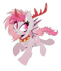Size: 1451x1700 | Tagged: safe, artist:hagalazka, oc, oc only, oc:candy quartz, species:bat pony, species:deer, species:pony, species:reindeer, bat pony oc, blep, blushing, christmas, collar, cute, dressup, fangs, female, fluffy, happy, holiday, monster pony, shaved mane, silly, simple background, solo, tongue out, transparent background, two toned mane, two toned wings, wings