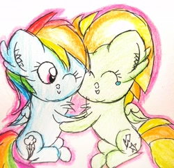 Size: 2310x2225 | Tagged: safe, artist:sumi-mlp25, character:lightning dust, character:rainbow dash, species:pegasus, species:pony, female, hug, simple background, traditional art