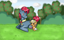 Size: 1113x702 | Tagged: safe, artist:chiuuchiuu, character:apple split, character:applejack, species:earth pony, species:pony, episode:apple family reunion, g4, my little pony: friendship is magic, apple family member, baby, baby pony, babyjack, diaper, foal, male, stallion