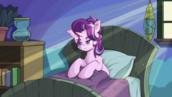 Size: 3840x2160 | Tagged: safe, artist:danli69, character:starlight glimmer, species:pony, species:unicorn, bed, bed mane, bedroom, chest fluff, ear fluff, female, lidded eyes, mare, messy mane, morning ponies, solo, starlight is not amused, starlight's room, unamused, waking up