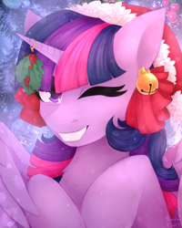 Size: 2000x2500 | Tagged: safe, artist:flysouldragon, character:twilight sparkle, character:twilight sparkle (alicorn), species:alicorn, species:pony, bells, cute, ear piercing, female, holiday, holly, holly mistaken for mistletoe, horn, new year, piercing, snow, solo, twiabetes, wings