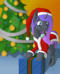Size: 1999x2480 | Tagged: safe, artist:settop, oc, oc:viciz, species:changeling, species:pony, changeling oc, christmas, christmas changeling, female, hearth's warming tree, holiday, mare, potion, present, purple changeling, smiling, tree