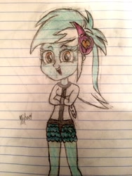 Size: 2448x3264 | Tagged: safe, artist:michaelmaddox222, character:lyra heartstrings, my little pony:equestria girls, bondage, clothing, colored, cute, female, lined paper, looking at you, lyrabetes, shorts, signature, smiling, smiling at you, solo, straitjacket, teenager, traditional art