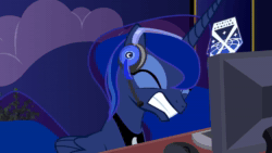 Size: 1920x1080 | Tagged: safe, artist:yudhaikeledai, edit, character:princess luna, species:alicorn, species:pony, gamer luna, angry, animated, computer, computer mouse, desk, eyes closed, female, folded wings, gritted teeth, headbang, headphones, headset, korn, majestic as fuck, mare, metal as fuck, music, rage, rage quit, show accurate, solo, sound, table flip, teeth, webm, wings, x-com