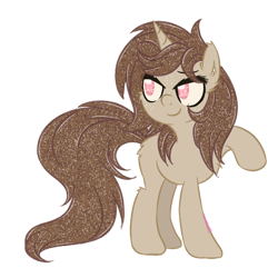 Size: 600x601 | Tagged: safe, artist:sinamuna, oc, oc only, oc:cocoa ashes, ponysona, species:pony, species:unicorn, brown fur, brown hair, freckles, pink eyes, raised hoof, smug, solo, spots