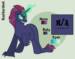Size: 600x474 | Tagged: safe, artist:sinamuna, oc, oc only, oc:scattershot, parent:tempest shadow, species:longma, species:pony, species:unicorn, nextgen:sinverse, claws, evil grin, grin, male, next generation, offspring, reference sheet, smiling, solo