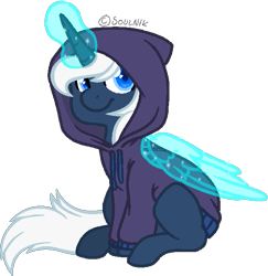 Size: 635x652 | Tagged: safe, artist:sinamuna, oc, oc only, oc:calliope, species:pony, species:unicorn, artificial wings, au:equuis, augmented, blue eyes, blue fur, clothing, female, glowing horn, hoodie, magic, magic wings, sitting, solo, white hair, wings