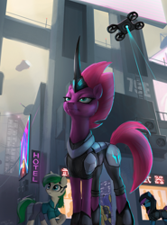 Size: 1200x1622 | Tagged: safe, artist:hardbrony, character:tempest shadow, oc, species:earth pony, species:pony, species:unicorn, :t, armor, city, clothing, commission, cyberpunk, cyborg, drone, eye scar, female, future, hoodie, horn, hotel, mare, pants, prosthetic horn, prosthetics, saddle bag, scar, tempest gets her horn back