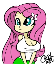 Size: 600x710 | Tagged: safe, artist:comet0ne, character:fluttershy, my little pony:equestria girls, big breasts, breasts, busty fluttershy, cartoon, cleavage, clothing, cute, digital art, drawing tablet, female, hairpin, huge breasts, shyabetes, simple background, smiling, solo, tank top, white background