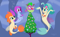 Size: 1280x800 | Tagged: safe, artist:tim-kangaroo, character:haven bay, character:princess skystar, character:salina blue, character:spike, species:seapony (g4), episode:hearth's warming eve, g4, my little pony: friendship is magic, my little pony: the movie (2017), antlers, bubble, haven bay, hearth's warming, kelp, merry christmas, mlp the movie, one small thing, one small thing for christmas, ornament, puffer fish, red nose, seaquestria, seaweed, species swap, spike is not amused, spike the pufferfish, tree, unamused