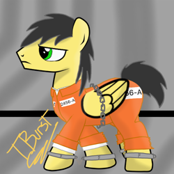 Size: 768x768 | Tagged: safe, artist:thunder burst, oc, oc:thunder burst, species:pony, bound wings, chains, clothing, cuffed, cuffs, male, prison, prison outfit, prisoner, solo