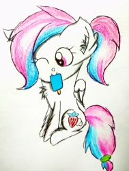 Size: 2079x2756 | Tagged: safe, artist:sumi-mlp25, oc, oc only, oc:strawberry breeze, species:pegasus, species:pony, cute, food, one eye closed, ponytail, popsicle, simple background, solo, traditional art, wink
