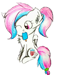 Size: 2079x2756 | Tagged: safe, artist:sumi-mlp25, edit, oc, oc only, oc:strawberry breeze, species:pegasus, species:pony, 2019 community collab, derpibooru community collaboration, cute, food, one eye closed, ponytail, popsicle, simple background, solo, traditional art, transparent background, wink