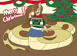 Size: 4184x3036 | Tagged: safe, artist:metalaura, oc, oc only, oc:hissyfit, species:anthro, species:lamia, species:pony, big breasts, breasts, christmas, christmas lights, christmas sweater, christmas tree, clothing, female, festive, holiday, huge breasts, impossibly large breasts, mare, monster girl, monster pony, original species, pleated skirt, skirt, snake pony, solo, sweater, tree