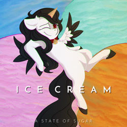 Size: 1200x1200 | Tagged: safe, artist:obscuredragone, oc, oc:princess sugar, species:alicorn, species:pony, a state of sugar, album cover, alicorn oc, belly, black mane, choker, chromatic aberration, fluffy, food, happy, hooves, horse, ice cream, ice cream cone, minimalist, modern art, one eye closed, red eyes, smiling, solo, tail, text, wings, wink
