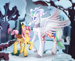 Size: 2744x2253 | Tagged: safe, artist:mailner, character:fluttershy, character:princess celestia, species:pony, blushing, colored wings, couple, crossover, cute, forest, holiday, hooves, horn, pikachu, pokémon, redesign, reshiram, smiling, unshorn fetlocks, wings, winter
