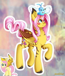 Size: 1261x1469 | Tagged: safe, artist:mailner, character:fluttershy, species:pony, colored wings, crossover, female, hooves, pikachu, pokémon, redesign, simple background, smiling, solo, unshorn fetlocks