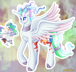 Size: 2072x1967 | Tagged: safe, artist:mailner, character:princess celestia, oc, species:alicorn, species:pony, alicorn oc, blushing, colored hooves, colored wings, crossover, cute, cutie mark, female, peytral, pokémon, redesign, reshiram, simple background, smiling, solo
