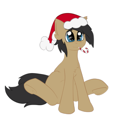 Size: 1033x1036 | Tagged: safe, artist:deusexkittycoon, oc, oc only, oc:cogs fixmore, species:earth pony, species:pony, 2019 community collab, derpibooru community collaboration, candy, candy cane, christmas, clothing, food, hat, holiday, santa hat, simple background, solo, transparent background