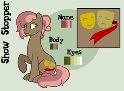 Size: 900x659 | Tagged: safe, artist:sinamuna, base used, oc, oc only, oc:show stopper, parent:button mash, parent:sweetie belle, parents:sweetiemash, species:earth pony, species:pony, nextgen:sinverse, brown fur, green eyes, male, offspring, pink hair, reference sheet, solo, stallion, stubble