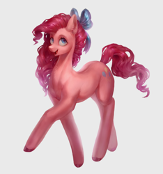 Size: 1300x1386 | Tagged: safe, artist:orchidpony, character:pinkie pie, species:earth pony, species:pony, bow, colored hooves, cute, diapinkes, female, hair bow, looking at you, mare, open mouth, pretty, raised hoof, simple background, smiling, solo, three quarter view