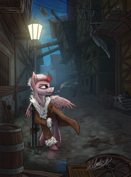 Size: 1600x2158 | Tagged: safe, artist:helmie-d, oc, oc only, oc:jordan, species:pegasus, species:pony, cigarette, city, clothing, coat, lamppost, male, scenery, signature, solo, town