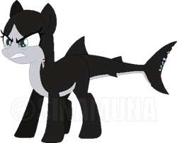 Size: 400x322 | Tagged: safe, artist:sinamuna, base used, oc, oc only, oc:verloren, species:pony, angry, bald, blue hair, female, fins, gills, helix, hybrid, mixed breed, original species, piercing, shark pony, shark tail, sharp teeth, simple background, solo, tail piercing, teeth, transparent background