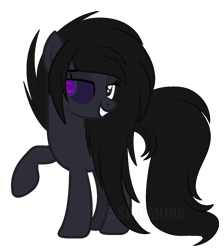 Size: 1299x1449 | Tagged: safe, artist:sinamuna, base used, oc, oc only, oc:ancient shadows, species:pony, bedroom eyes, black hair, creepy eyes, ghost pony, grin, heterochromia, purple sclera, raised hoof, simple background, smiling, solo, transparent background