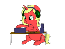 Size: 4600x3450 | Tagged: safe, artist:dumbwoofer, oc, oc only, oc:pony fort, species:pony, species:unicorn, fallout equestria, concentrating, fallout equestria: pink eyes, fanfic art, female, headphones, mare, pink eyes, radio, raider, simple background, solo, transparent background