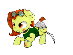 Size: 4600x3450 | Tagged: safe, artist:dumbwoofer, oc, oc:trippo, species:pony, fallout equestria, amputee, female, frown, goggles, knife, mare, prosthetic limb, prosthetics, raider, raider armor, scar, solo, sword leg