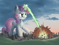 Size: 1280x960 | Tagged: safe, artist:ravistdash, character:sweetie belle, species:pony, species:unicorn, building, city, destruction, explosion, female, filly, giant pony, implied death, laser, macro, rampage