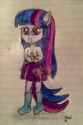 Size: 2144x3227 | Tagged: safe, artist:michaelmaddox222, character:twilight sparkle, species:human, my little pony:equestria girls, bondage, catface, clothing, colored, cute, female, lined paper, looking at you, ponied up, pony ears, signature, skirt, socks, solo, straitjacket, tail, traditional art